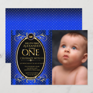 Invitation Fête d'anniversaire de Prince Photo Bleu Royal Or