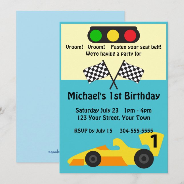 Invitation Fête d'anniversaire de Race Car (Devant / Derrière)