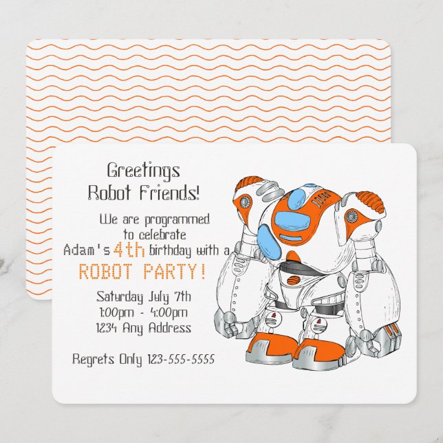 Invitation Fête d'anniversaire de robots (Devant / Derrière)