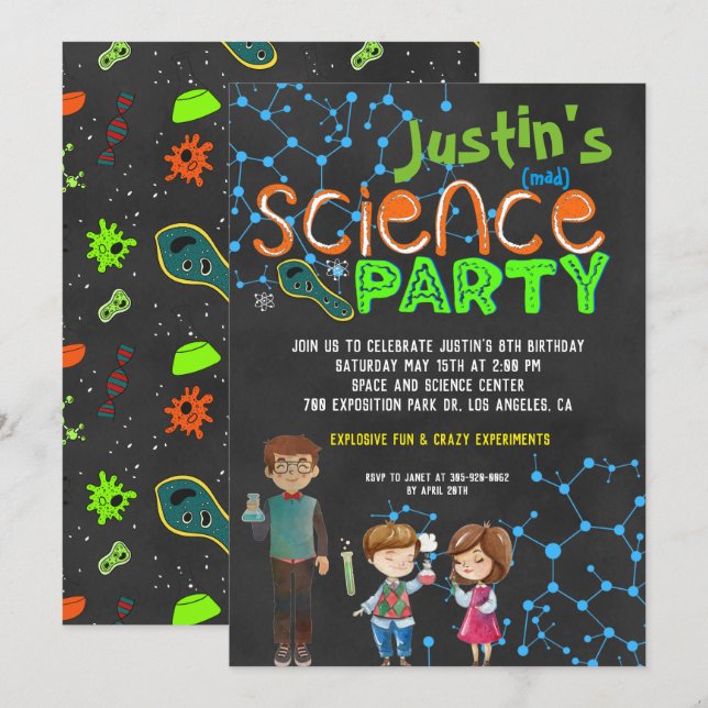 Invitation Fête d'anniversaire de scientifique fou (Devant / Derrière)