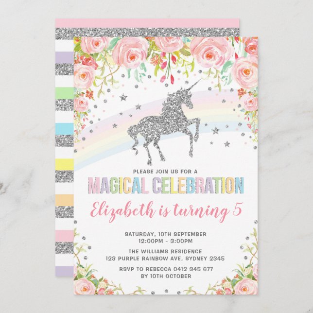Invitation Fête d'anniversaire de Silver Rainbow Unicorn (Devant / Derrière)