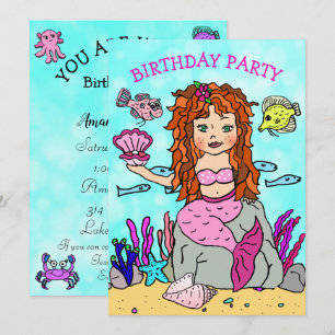 Invitation Fête d'anniversaire de sirène avec coquillage sous