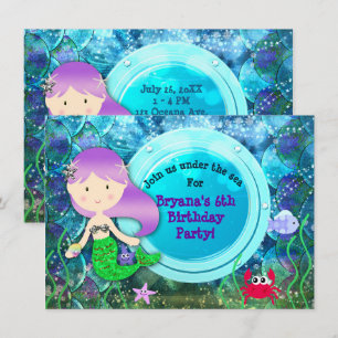 Invitation Fête d'anniversaire de sirène de fille sous la