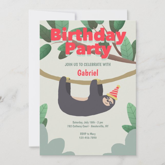 Invitation Fête d'anniversaire de Sloth (Devant)
