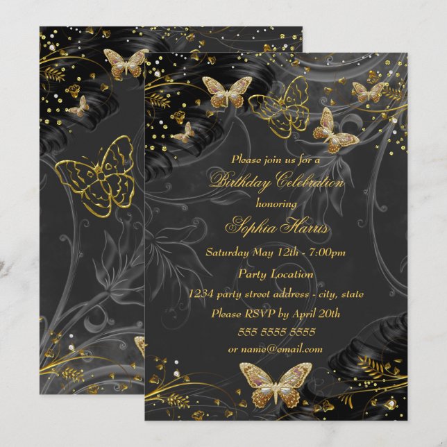 Invitation Fête d'anniversaire de Sparkle Gold Black Butterfl (Devant / Derrière)