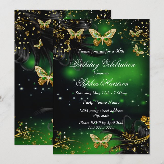 Invitation Fête d'anniversaire de Sparkle Green Gold Butterfl (Devant / Derrière)