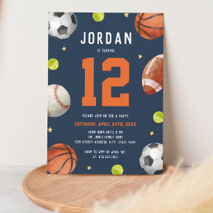Invitation Fête d'anniversaire de sport Orange Navy