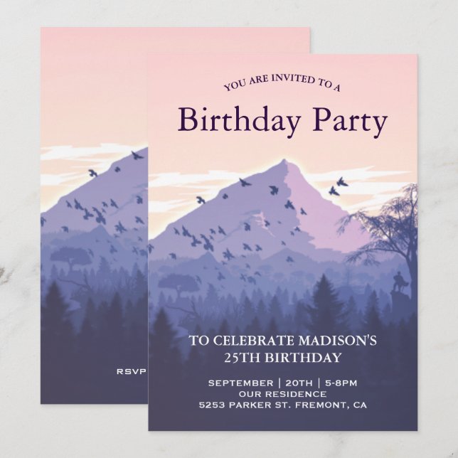 Invitation Fête d'anniversaire de Sunset Forest Mountain (Devant / Derrière)