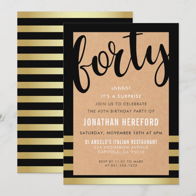 Invitation Fête d'anniversaire de surprise de papier et d'or (Devant / Derrière)