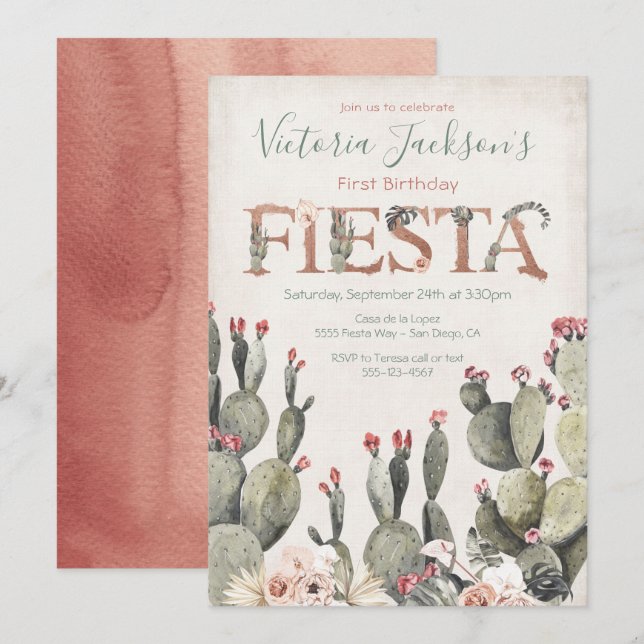 Invitation Fête d'anniversaire de Terracota et Cactus (Devant / Derrière)