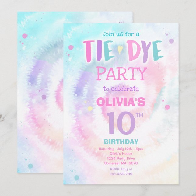 Invitation Fête d'anniversaire de Tie Dye Pastel Tie Dye Hipp (Devant / Derrière)
