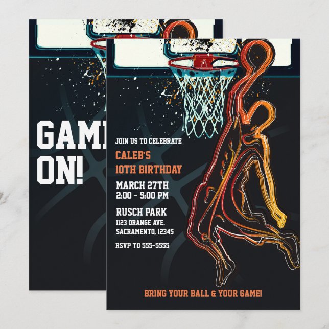 Invitation Fête d'anniversaire de tir à saut dunk de basketba (Devant / Derrière)