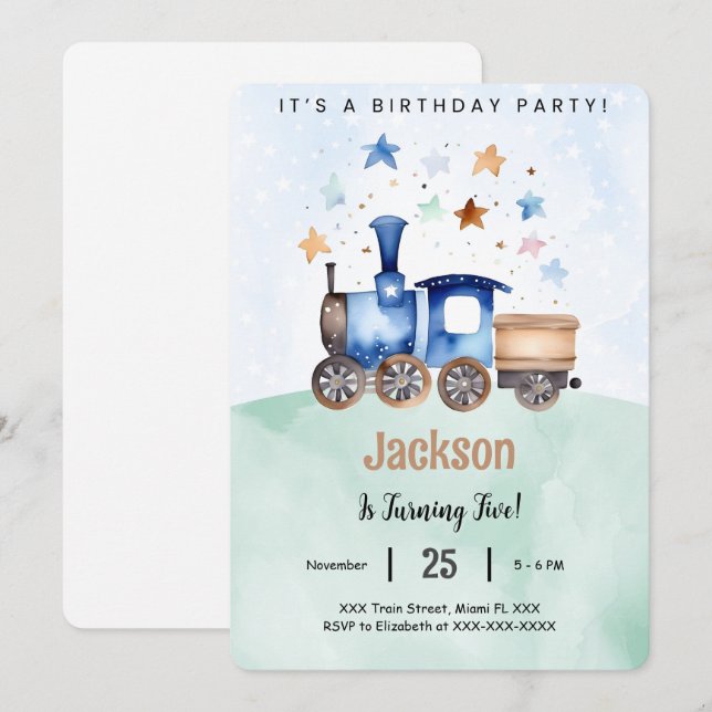 Invitation Fête d'anniversaire de train (Devant / Derrière)