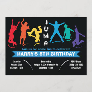 Invitation Fête d'anniversaire de trampoline à saut arc-en-ci