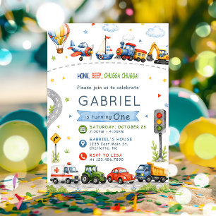 Invitation Fête d'anniversaire de transport Honk, Beep, Chugg