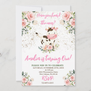 Invitation Fête d'anniversaire de vache, rose et or fille Ann