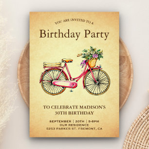 Invitation Fête d'anniversaire de vélo floral rose vintage