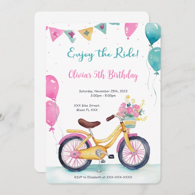 Invitation Fête d'anniversaire de vélo rose et bleu (Devant / Derrière)