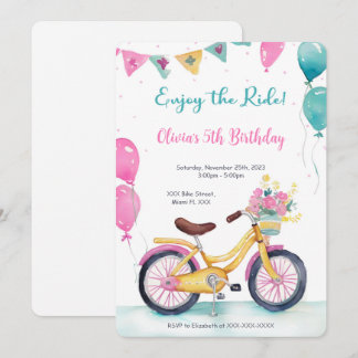 Invitation Fête d'anniversaire de Vélo rose et bleu