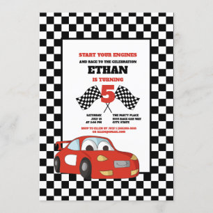 Invitation Fête d'anniversaire de voiture de course rouge à c