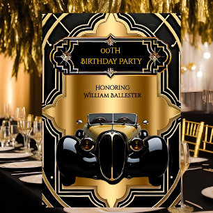 Invitation Fête d'anniversaire de voiture vintage Or Noir 193
