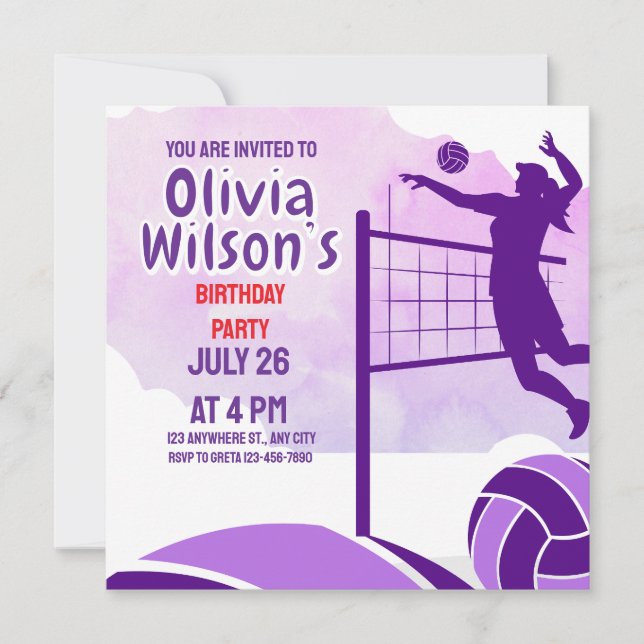 Invitation Fête d'anniversaire de volley-ball, Joueuse de vol (Devant)