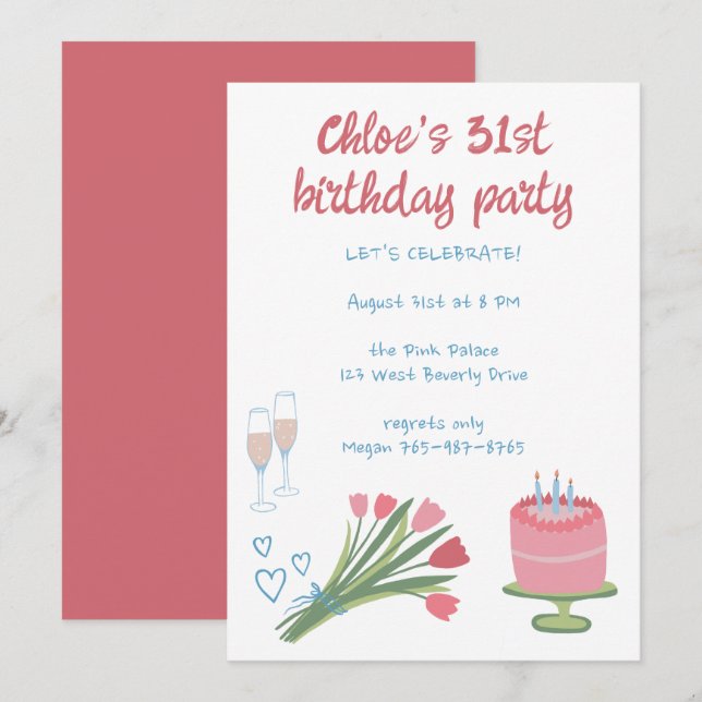Invitation Fête d'Anniversaire de Whimsday Girlie Cute Custom (Devant / Derrière)