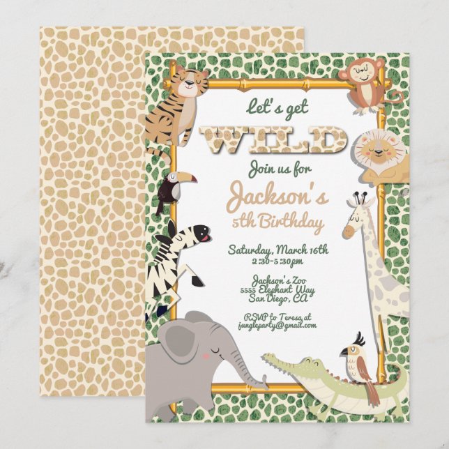 Invitation Fête d'anniversaire de Wild Jungle Safari (Devant / Derrière)