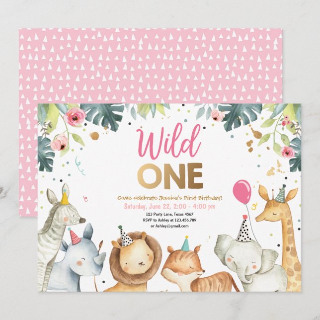 Invitation Fête d'anniversaire de Wild One Safari Gold Girl A (Devant / Derrière)
