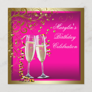 Invitation Fête d'anniversaire de Womans Hot Pink Gold