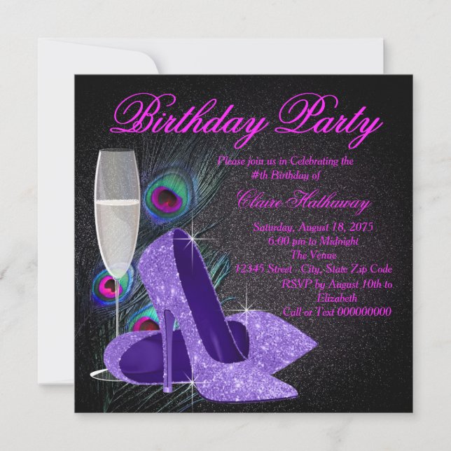 Invitation Fête d'anniversaire de Womans Purple Peacock (Devant)