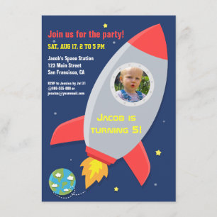 Invitation Fête d'anniversaire d'enfants fusée spatiale color