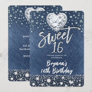 Invitation Fête d'anniversaire Denim & Bling Diamonds Sweet 1