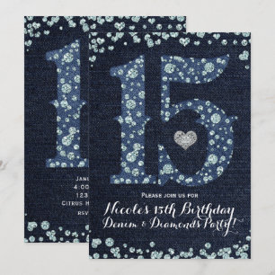 Invitation Fête d'anniversaire Denim & Diamonds Fifteen 15 15
