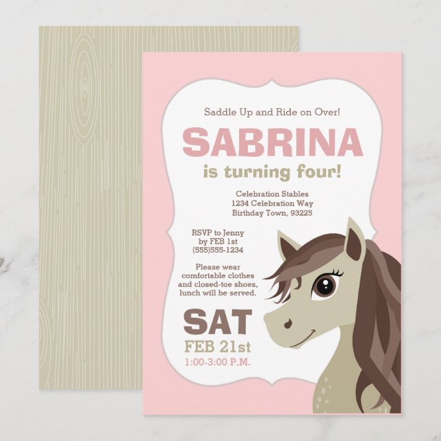 Invitation Fête d'anniversaire d'équitation de cheval (Devant / Derrière)