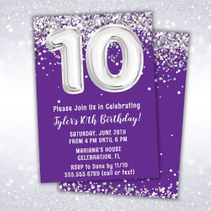 Invitation Fête d'anniversaire des 10 ans Purple Silver