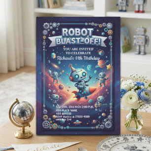 Invitation Fête d'anniversaire des 11 ans Robots dans l'espac