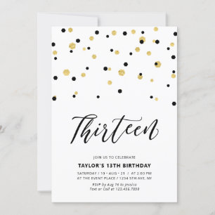 Invitation Fête d'anniversaire des 13 ans simple noir et or