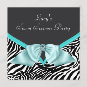 Invitation Fête d'anniversaire des 16 ans Teal Blue Zebra Swe