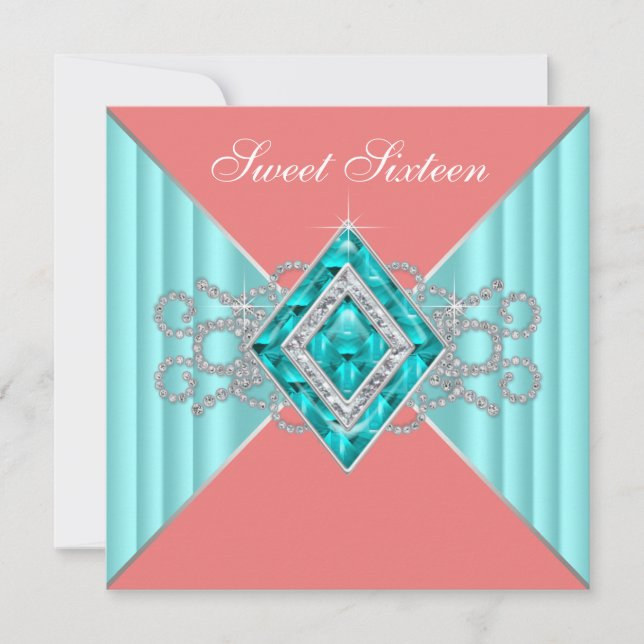 Invitation Fête d'anniversaire des 16 ans Turquoise Corail Di (Devant)