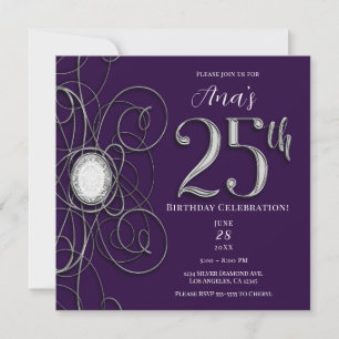 Invitation Fête d'anniversaire des 25 ans Purple & Silver Dia