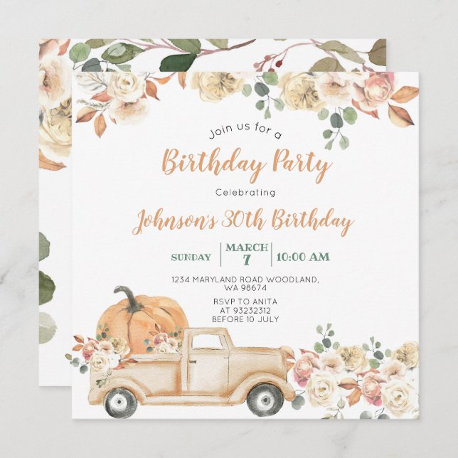 Invitation Fête d'anniversaire des 30 ans de Pumpkin Truck Fl (Devant / Derrière)