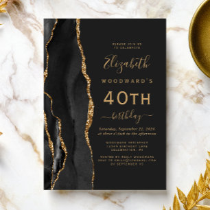 Invitation Fête d'anniversaire des 40 ans Black Gold Agate Da