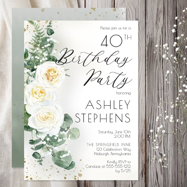 Invitation Fête d'anniversaire des 40 ans Élégante rose blanc (40th Birthday Party Elegant White Rose Eucalyptus Floral Invitation -- Print | Digital Download)