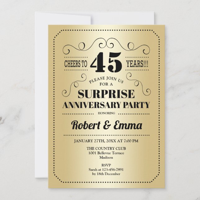 Invitation Fête d'anniversaire des 45 ans - Or Noir (Devant)