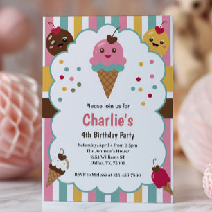 Invitation Fête d'anniversaire des 4 ans de Cute Girls Ice Cr