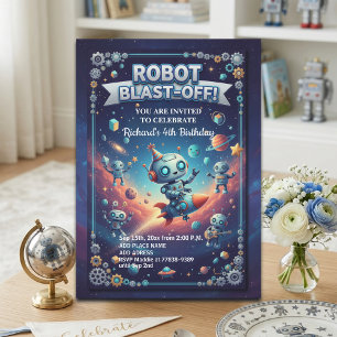 Invitation Fête d'anniversaire des 4 ans Robots dans l'espace