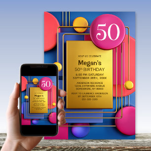 Invitation Fête d'anniversaire des 50 ans Abstrait Or Rose