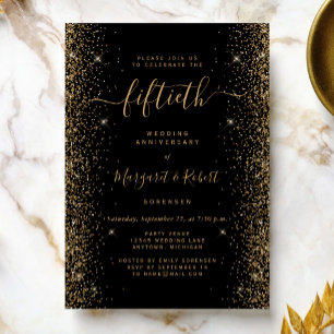 Invitation Fête d'anniversaire des 50 ans Black Gold Glitter