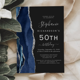 Invitation Fête d'anniversaire des 50 ans Navy Blue Silver Ag